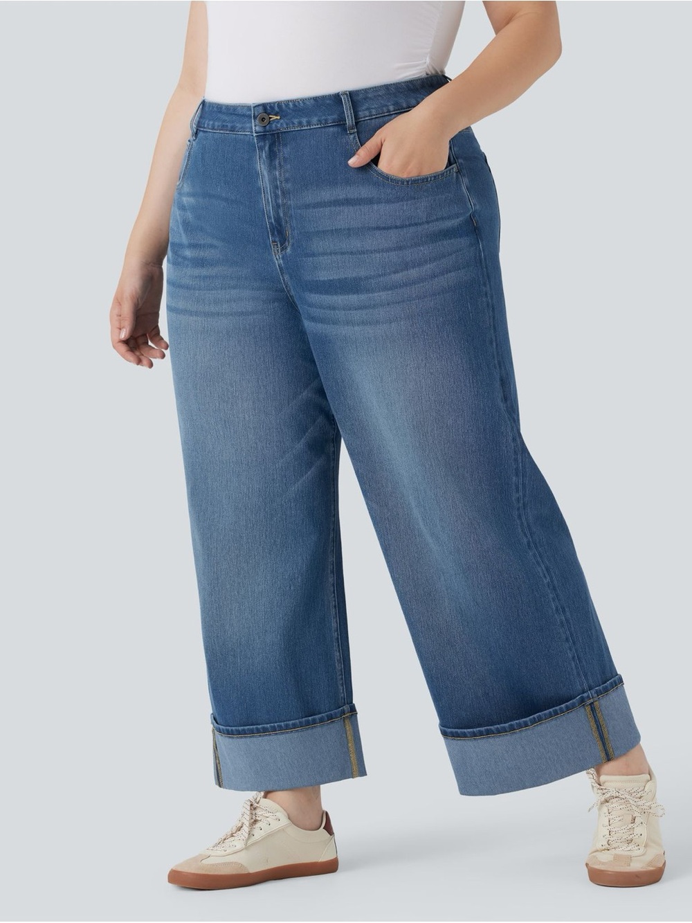 Halara Flex High Waisted Wide Leg Rolled Hem Washed Stretchy Knit Jeans